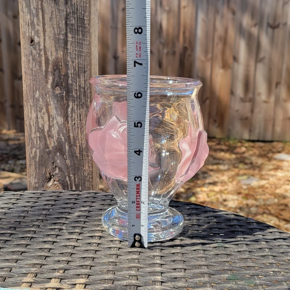 Vintage Teleflora Three Frosted Raised Pink Roses Low Crystal Glass Flower